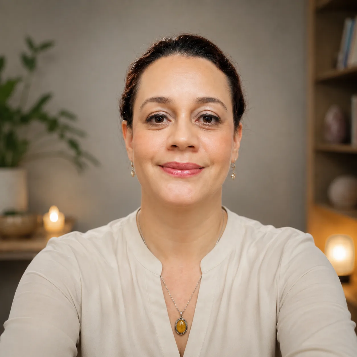 Retrato de Marcela con un colgante ámbar, usado en la línea de Registros Akáshicos.