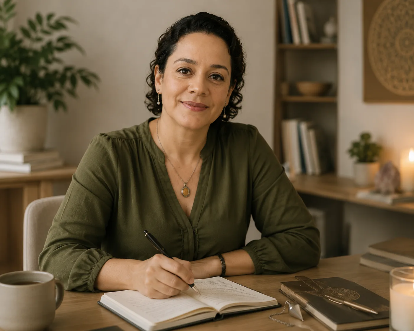 Marcela con un cuaderno, ilustrando la guía espiritual Desbloquea tu alma.